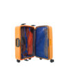 Open orange suitcase showcasing interior compartments with blue and orange liners.