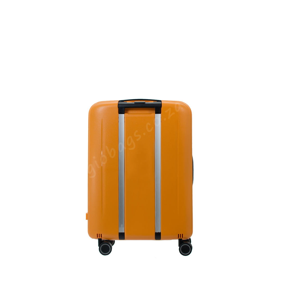 A vibrant orange suitcase with a sleek design, featuring a retractable handle and four wheels for easy mobility.