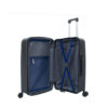 Open suitcase featuring a gray exterior and organized interior compartments with blue straps for securing items.