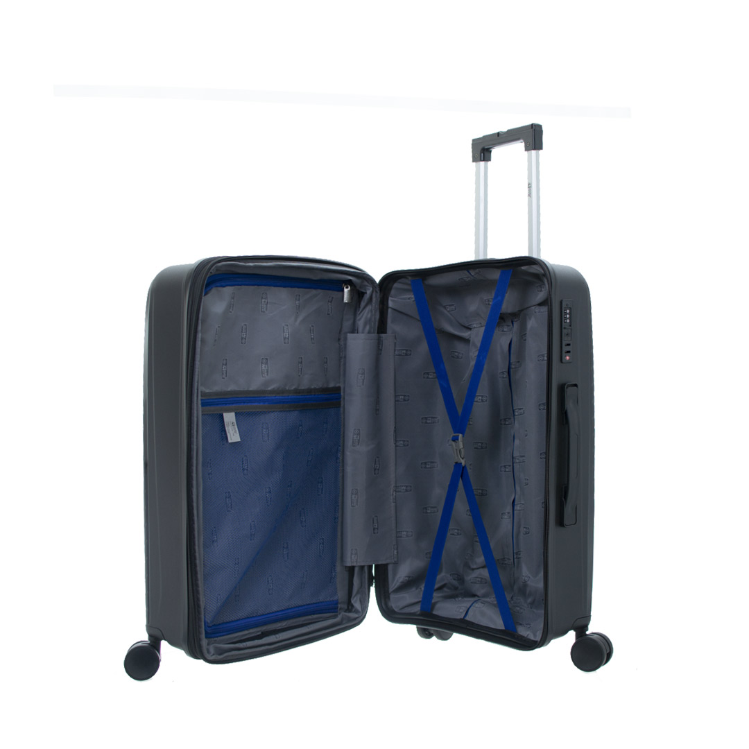 Open suitcase featuring a gray exterior and organized interior compartments with blue straps for securing items.