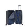 An open suitcase displaying a spacious interior with compartments and straps for organizing belongings.