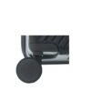 Close-up of a black luggage wheel attached to a suitcase, showcasing its design and functionality.