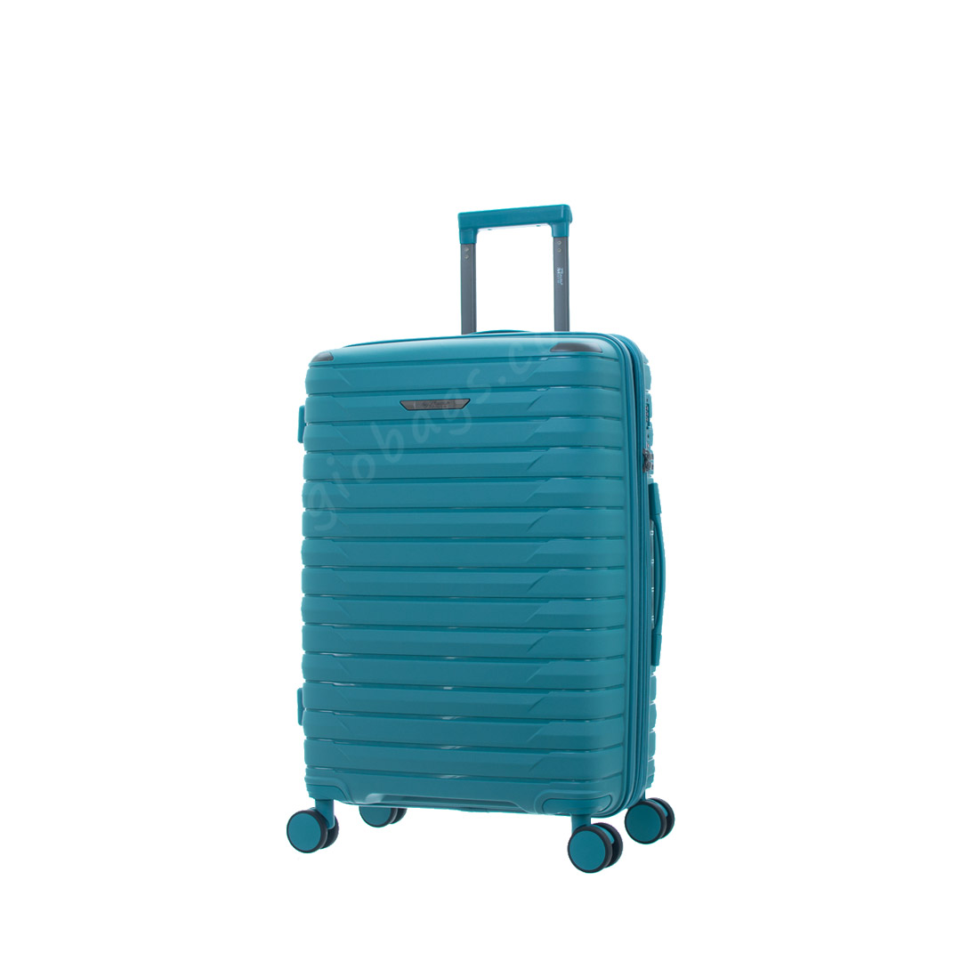 Travelmate Ruby Medium Hard Shell Suitcase with a striped design, featuring a retractable handle and four smooth-rolling wheels for easy maneuverability.