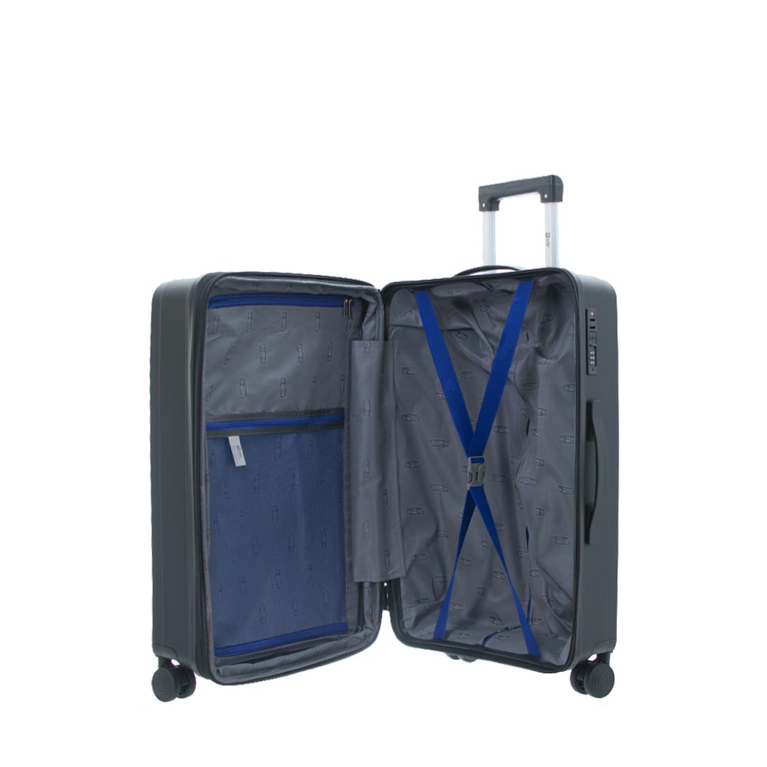 A spacious hardshell suitcase with a gray exterior, opened to reveal a blue and gray interior, featuring packing straps and zippered compartments.