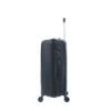 A side view of a sleek, TRAVELMATE black rolling suitcase with a retractable handle and wheels, featuring a combination lock and a textured surface.