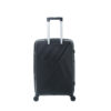 A sleek black suitcase with a textured design, featuring a telescopic handle and wheels for easy mobility.