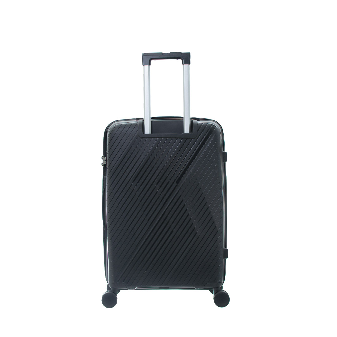 A sleek black suitcase with a textured design, featuring a telescopic handle and wheels for easy mobility.