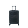 REAR view of a sleek black hard-shell suitcase with a retractable handle and smooth-rolling wheels.