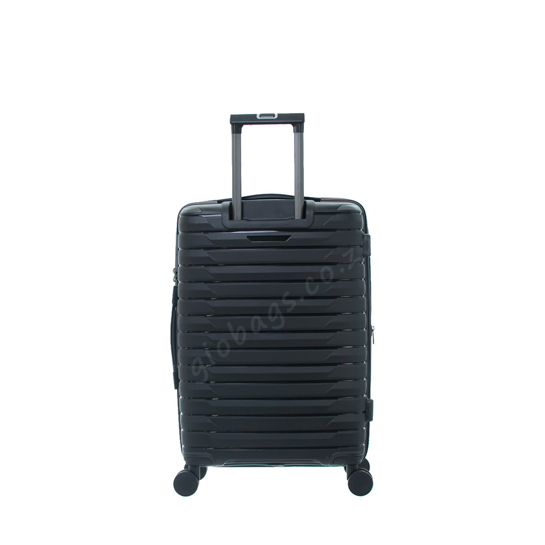 REAR view of a sleek black hard-shell suitcase with a retractable handle and smooth-rolling wheels.