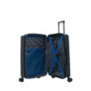 Open view of a black hard-shell suitcase featuring a blue interior, showcasing organizational compartments and straps.