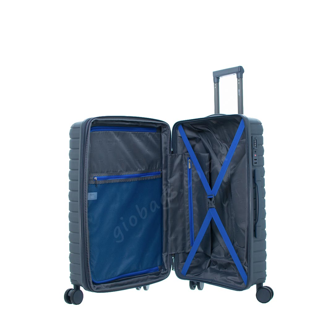 Open suitcase featuring a textured grey exterior and blue interior compartments, designed for efficient packing and organization.