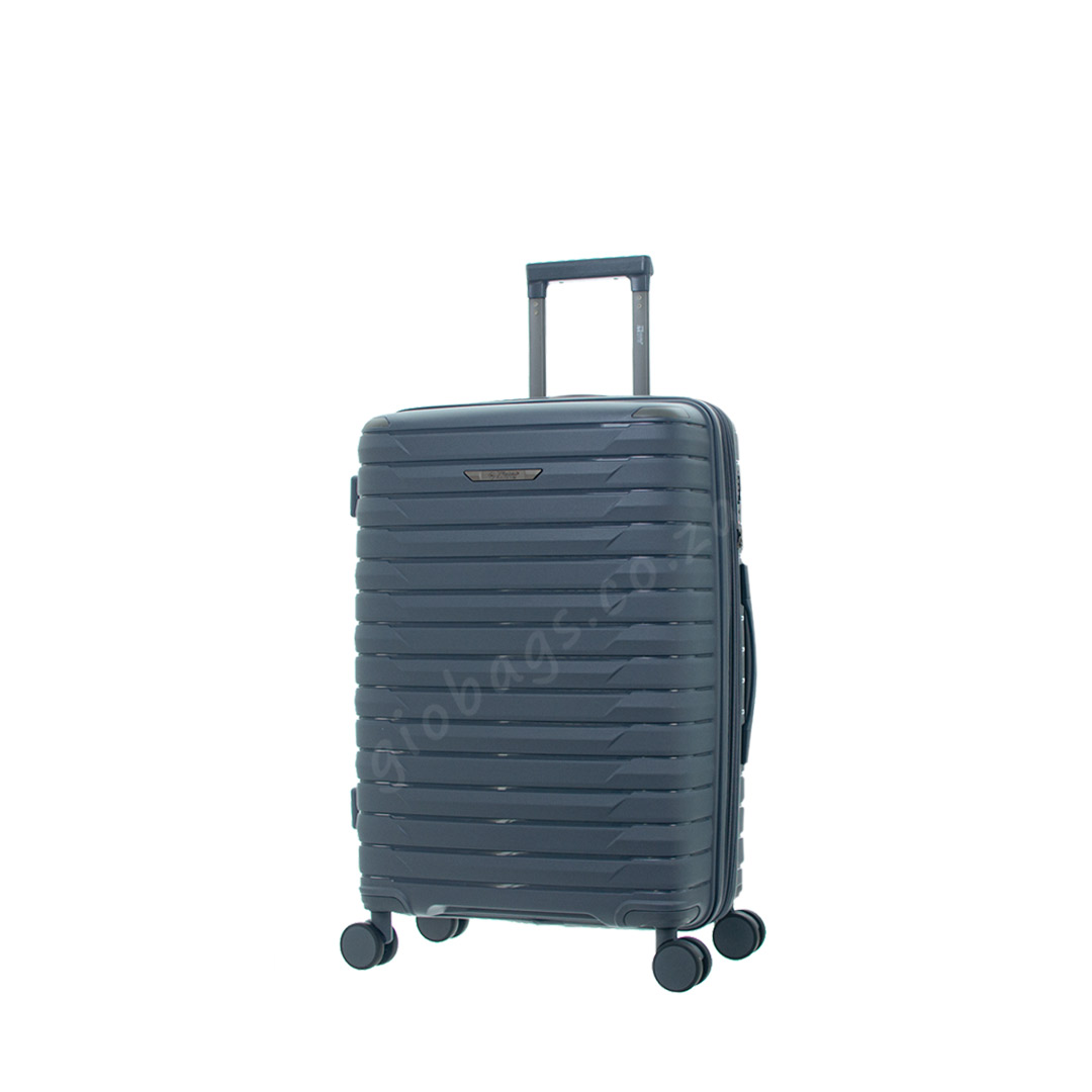 Travelmate Ruby Medium Hard Shell Suitcase with a striped design, featuring a retractable handle and four smooth-rolling wheels for easy maneuverability.
