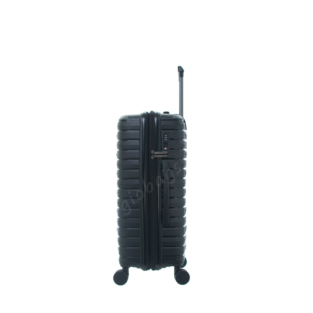 Side view of a sleek black hardshell luggage suitcase with wheels and a retractable handle.