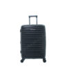 A stylish black hardshell suitcase with a textured design, featuring a retractable handle and smooth wheels for easy transport.