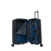 Open black suitcase featuring a spacious interior with blue accents and organizational straps for travel convenience.