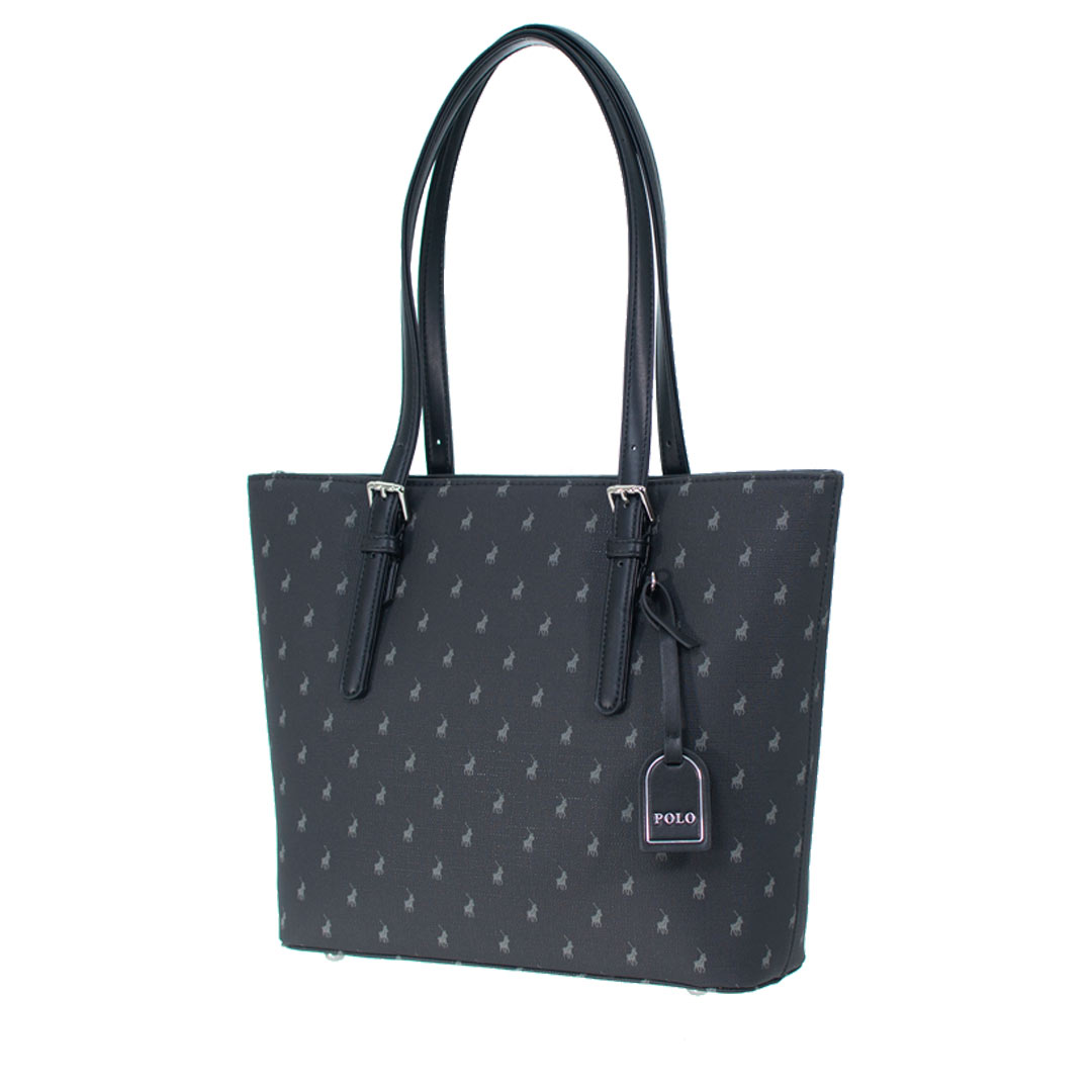 3D view of the POLO Iconic Medium Tote Bag in black showing the structured shape and shoulder handles.