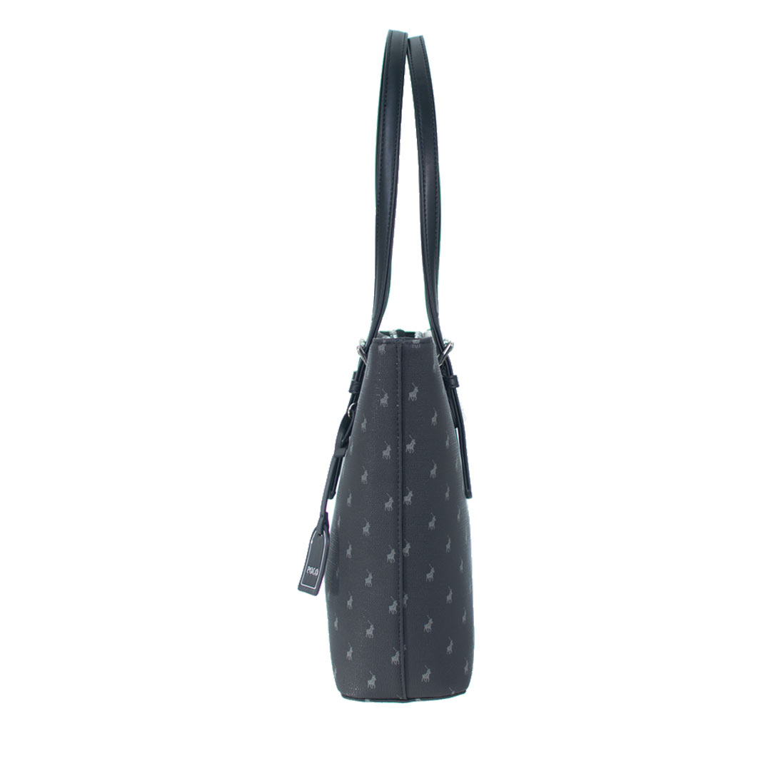 Side view of the POLO Iconic Medium Tote Bag in black showing the structured shape and shoulder handles.
