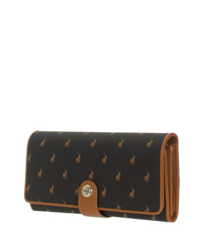 Angled view of POLO Iconic dark brown purse with tan fastening tab and round logo