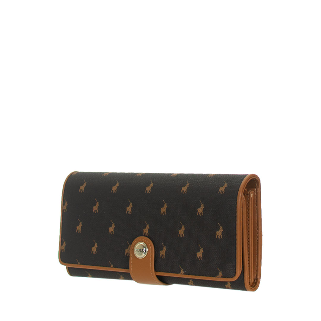 Angled view of POLO Iconic dark brown purse with tan fastening tab and round logo