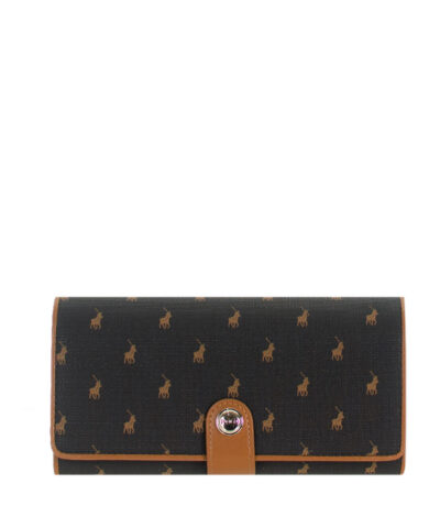 POLO Iconic tri-fold ladies purse in dark brown with tan trim and repeating pony pattern